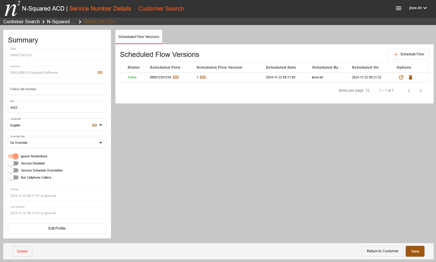 N2ACD Service screen with example service