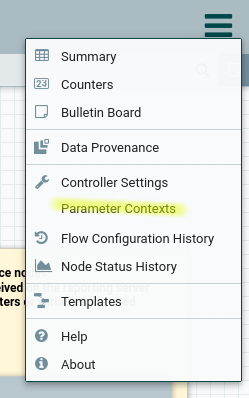 NiFi Parameter Contexts Menu